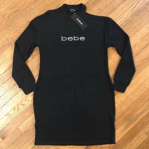 BEBE Cold Shoulder Long Sleeve Ribbed Knit Rhinestone Logo Mini Dress Size M